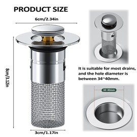 Snowtain Stainless Steel Filter for Floor Drain, 2 Pieces Pop-Up Strainer for Bathroom and Kitchen, Drain Plug Sink for 34-40 mm Drain Hole