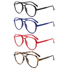 MMOWW 4 Pack Oversized Aviator Reading Glasses for Women Men Retro Double Bridge Pilot Style Blue Light Blocking Computer Readers, Black/Blue/Red/Tortoise +3.0