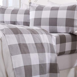 Great Bay Home 4 Piece Extra Soft Windowpane 100% Turkish Cotton Flannel Sheet Set. Heavyweight, Warm, Cozy, Luxury Winter Deep Pocket Bed Sheets. Belle Collection (Queen, White / Grey)