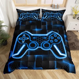 Kids Gamer Duvet Cover Single Size Blue and Black Bedding Set for Boys Teens Decor Honeycomb Gaming Ombre Comforter Cover Set Geometric Square Bedspread Cover 2Pcs