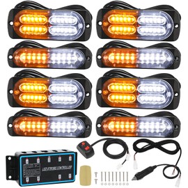 LINKITOM 8pcs Ultra Slim Sync Feature Car Truck Surface Mount Emergency Hazard Warning Strobe light with Strobe Controller and Wiring Harness (Amber & White)
