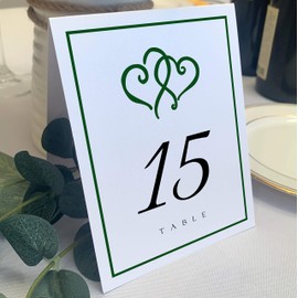 Linked Hearts and Border Wedding Table Numbers (Select Color/Quantity), White, Hunter Green, 1-90, Double Sided, Tent or Use in a Stand, Great for Parties & Restaurants