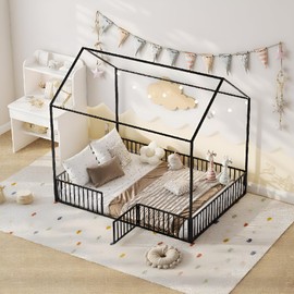 Twin Size Metal House Bed Frame for Kids – Montessori Floor Bed with Enclosed Fence & Door, Playhouse Design Toddler Bedroom Furniture for Boys or Girls, Black