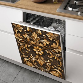 BlissYard Baroque Floral Dishwasher Magnet Cover 23x26 Inch Golden Floral Dishwasher Magnet Metal Flower Cover Engraved Pattern Sticker Fridge Refrigerator Magnetic Home Appliances Kitchen Decoration
