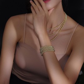 LIAN Gold Bead Ball Layered Bracelets for Women 14K Gold Plated Ball Chain Bracelets Stackable Stretch Elastic Gold Bracelets(Gold 5pcs)