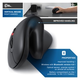CSL Ergonomic wireless vertical mouse for right handed users, Bluetooth, 1000-2400 DPI, 8 buttons, against mouse arm/tennis elbow (RSI syndrome), compatible with PC, computer, laptop, Mac, black