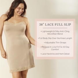 Jones NY Women's Silky Touch 38 Spaghetti Strap Anti-Cling Full Slip w/Lace, Nude, M
