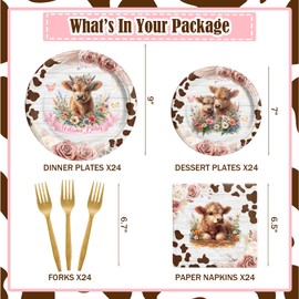 Hombae Highland Cow Baby Shower Supplies Tableware Set, Baby Shower Decorations for Girl, Cow Themed Baby Shower Decorations, Highland Cow Themed Plates, Napkins, Forks, Serves 24 Guests