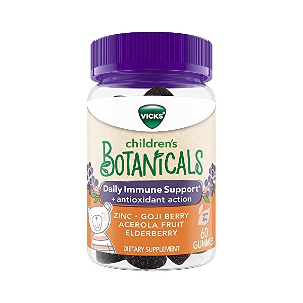 Vicks Children's Botanicals Daily Immune Support* + Antioxidant Action, Gummies, Made with Zinc, Goji Berry, Acerola Fruit, and Elderberry, 60 ct