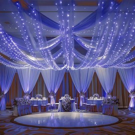 6 Panels Navy Blue Ceiling Drapes with Lights for Weddings Ceiling Drapes 5ftx10ft Wedding Draping Fabric Sheer Curtains Tulle Drapery Wedding Decorations for Home Party Ceremony Stage Swag