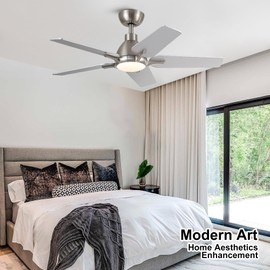 putroad 42 Inch Ceiling Fans with Lights, Brushed Nickel Ceiling Fan with Remote, Modern Ceiling Fan for Bedroom, Living Room, Dining Room, Patio, 3CCT Dimmable 6 Speeds DC Quiet