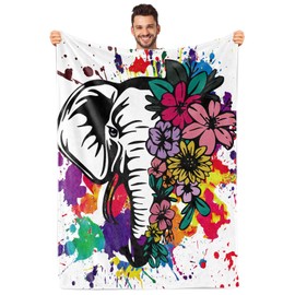 Biapian Elephant Throw Blanket Elephant Splash Ink Watercolor Flowers Flannel Fleece Bed Blanket Gifts for Men Women Adults Kids Plush Throws Blanket for Couch Sofa Bed 50 x 60 inches