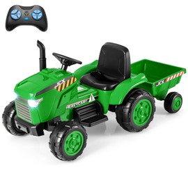 Costzon 2-in-1 Ride On Tractor, 12V Kids Ride on Car w/Detachable Trailer, Remote Control, Wireless Connection, Horn, Music, Lights, Spring Suspensions, Tractor Toys for Kids 3-8 (Green)