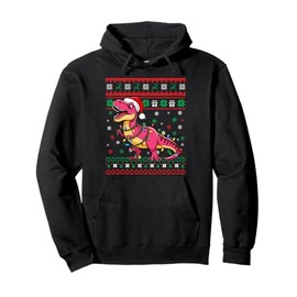 Ugly Christmas Santa Hat Dinosaur Snowflakes Lights T-Rex Pullover Hoodie
