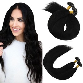 Ugeat Real Hair Extensions, Bonded U-Tip Remy Real Hair Keratin Extensions, Brazilian Hair, Natural Black Colour 1B, 55 cm, 50 g, 50 Strands