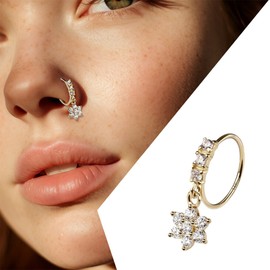 Luxe Modz 14K Solid Gold 20G Flower Nose Ring Hoop Dangling Bendable Crystal Dangle CZ