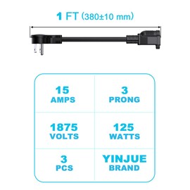 Short Flat Plug Extension Cord 1 Foot 14AWG/3C SJTW Heavy Duty Extension Cable 45-Degree Flat 3 Plug for Indoor Home Appliance and Large Office Equipment (3 PCS Black)