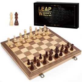LEAP Wooden Chess Sets - 15" Walnut & Maple Folding Chess Board with with 2 Extra Queens | Wooden Chess Set | Chess Board Set | Chess Sets for Adults | Chess Sets for Adults & Kids