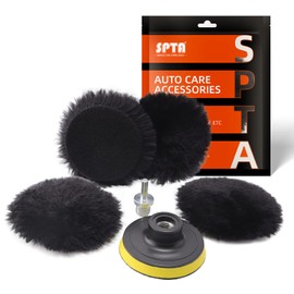 SPTA Lambskin Pad, Lambskin Cover, Lambskin, 5-Piece 80 mm Polishing Polishing Disc Polishing Set Wool Pad Lambswool 80 mm Velcro Pad Polishing Disc + M14 Drill Adapter for Car Polishing Machine