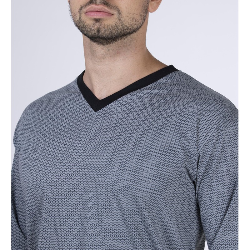 Moonline - Men's Long Pyjamas 100% Cotton with V-Neck and