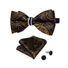 DiBanGu Black Gold Bow Ties for Men Tuxedo Pre-tied Bow Tie and Pocket Square Cufflink Set with Gift Box