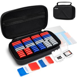 EVA PU Memory Card Case with 48PCS Clear Plastic Memory Card Holder for 24 SD SDHC SDXC & 24 TF MSD Cards,Dual-Protect Water-Resistant Anti-Shock MicroSD SD Card Carrying Organizer with Label