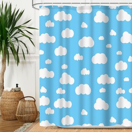 Aperturee 72x72 inch Blue Sky White Cloud Shower Curtain Sets for Bathroom, Cartoon Story Natural Landscape Scenery, Kits Bathroom Bathtub Decoration with 12 Plastic Shower Hooks,Baby Blue