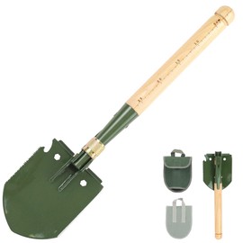 MASTIFF GEARS Folding Survival Shovel - Wooden Handle, Heavy Duty Carbon Steel Military Entrenching Tool for Camping, Off Road, Beach & All-Terrain Digging (Classic w/Pick)