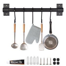volumoon Kitchen Hook Rack with 5 Hooks, Hook Rail Kitchen Black 30 cm, Hanging Rail Kitchen Rail without Drilling, Kitchen Utensil Holder Wall, Hanging Rail Kitchen Rail for Kitchens and Bathrooms
