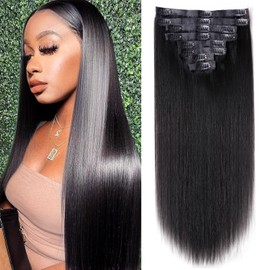 Seamless Clip In Hair Extensions Real Human Hair Invisible PU Skin Weft Straight Clip Ins 100% Unprocessed Human Hair Extensions 8pcs with 18Clips Per Set 120g(26inch,Natural Black)