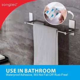 Songtec Stick Towel Bar 12inch, Adhesive Bath Towel Rack Easy Install, NO Drilling on Walls, Premium SUS304 Stainless Steel - Brushed