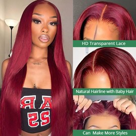 Sweetie 99j Burgundy 13x4 Lace Front Wigs Human Hair 180% Density 34 Inch Straight Lace Front Wigs Human Hair Glueless Wigs Human Hair Wig for Women with Baby Hair