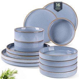 GBHOME Ceramic Dinnerware Sets With Double Bowl for 4, 16 Pieces Stoneware Plates and Bowls Set, Reactive Glaze Dishes -Scratch Resistant, Dishwasher&Microwave Safe-Brunnera Blue