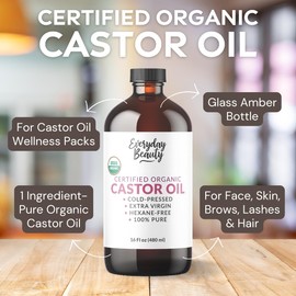 Organic Castor Oil - 100% Pure Certified USDA Organic in Glass Bottle, Cold Pressed & Hexane-Free, For Eyelashes, Eyebrows, Hair, Skin & Wellness Packs -16oz