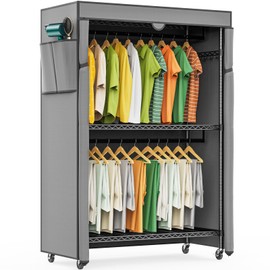 LEHOM G1C Heavy Duty Clothes Rack with Cover, Rolling Garment Rack for Hanging Clothes, Portable Closets with Oxford Fabric Cover, Freestanding Clothing Rack on Wheels (Black+gray cover, G1C)