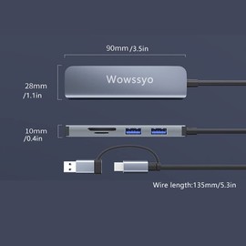 Wowssyo 5-Port USB 3.0 Hub, SD and TF Reader, USB 3.0 / USB 2.0 Ports, Ultra Slim Portable USB Data Hub, USB Splitter for MacBook, Mac Pro, Mac Mini, IMac, Surface Pro, Laptop, PC