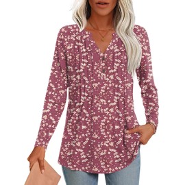 TAOHUADAO Womens Long Sleeve Tunic Tops Henley V-neck Button Down Blouse Dressy Casual Pleated Shirts for Legging, Plum Blossom Vermilion XL