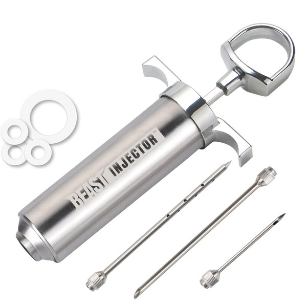 Grill Beast - 304 Stainless Steel Meat Injector Kit with 2-oz Large Capacity Barrel and 3 Professional Marinade Needles
