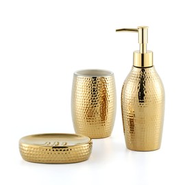 Gold Bathroom Accessory Set - 3 Piece Decorative Ceramic Bathroom Accessories Sets with Lotion Soap Dispenser, Toothbrush Holder/Tumbler and Soap Dish, Golden Gift Set for New Home Decor