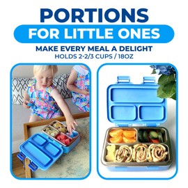 Stainless Steel Lunch Box for Baby Toddlers Boys, Mini Bento, 3 Eco Metal Portion Sections Leakproof Lid, Pre-School Daycare Lunches, Kids Spill-Proof Snack Container, 18 oz/ 550 mL Blue Cute Monster