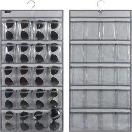 Over the Door Hanging Sunglasses Organizer Storage Sunglass Rack Holder Eyewear Display Case with 16 Clear Pockets - Color: 40 Pockets-grey