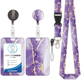 Marble Lanyard Card Holder, ID Badge, Lanyard Card Holder, Removable Cord with Retractable Clip for Key Chains, Name Cards, Door Cards, ID Cards (Marble, Purple)