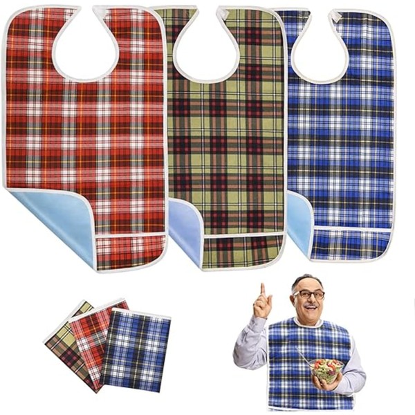 Care King 3 Pack Extra Long Adult Bibs for Eating, Cloth Washable and Reusable, Crumb Catcher Unisex Waterproof Feeding Bibs Clothing Protectors for Adult, Elderly and Disabled