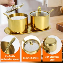 2Pack Gold Stainless Steel Sugar Bowl with Lid and Spoon, 10.5oz Small Sugar Container for Coffee Bar, Drum Shape Sugar Cube Holder, Spice Jars for Countertop, Kitchen Ghee Container (2)