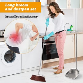 Broom and Dustpan Set with Long Handle, Heavy Duty Broom with Dustpan Combo Set, Windproof Upright Stainless Steel Dust Pan with Kitchen Brooms for Home Office Lobby Indoor Outdoor Use, Brown