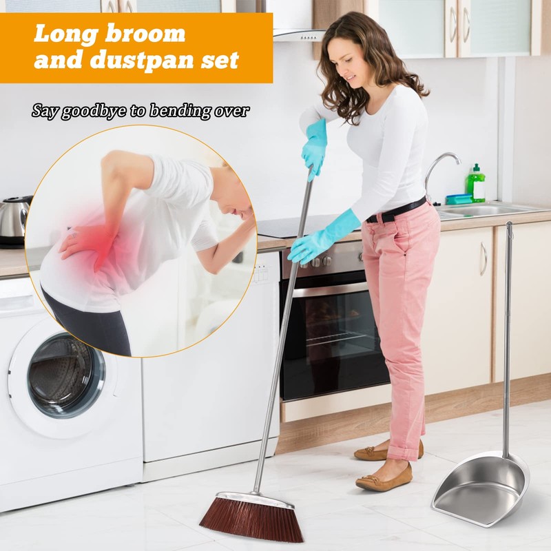 Broom and Dustpan Set with Long Handle, Heavy Duty Broom