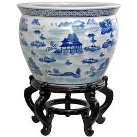 Oriental Furniture 14" Landscape Blue & White Porcelain Fishbowl