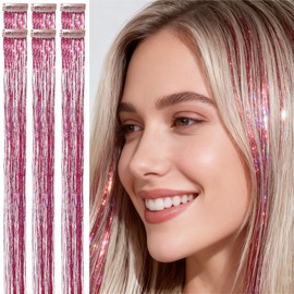 CelineBella Rose Red Hair Tinsel for Adults Women,Clip In,24 Inch,80 Strands per Piece,6 Pcs,Heat Resistant, Fairy Hair Strands,Tinsel Hair Extensions for Cosplay Party Daily Use