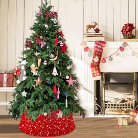 FCSJOST Christmas Red Tree Collar Round Sequin Christmas Tree Skirt Basket 23.6 Inches Round Tree Stand Collars Xmas Tree Ring Glitter Tree Base Cover Mat for Artificial Xmas Tree Decorations