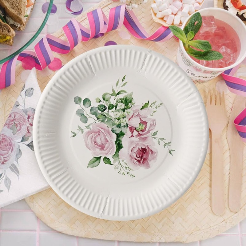 GREENBOX 8 x Paper Plates for Birthdays, 23 cm, Roses